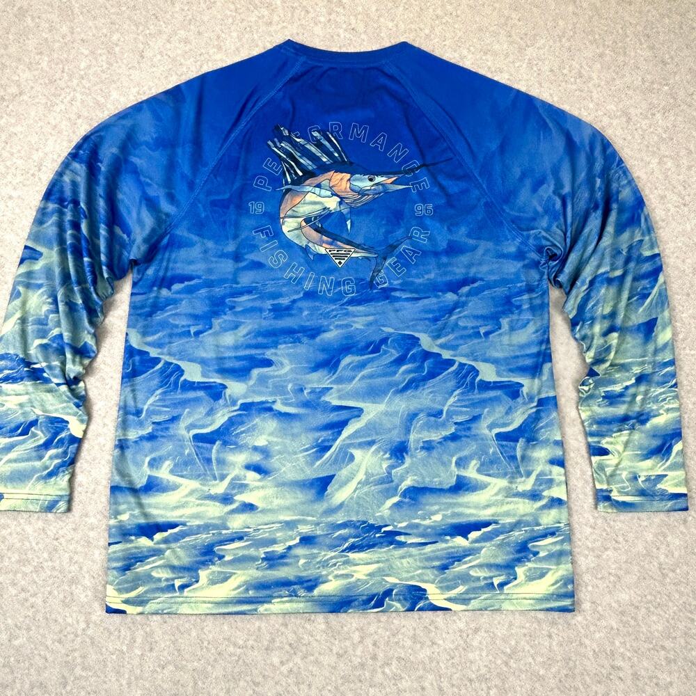Columbia PFG Super Terminal Tackle Fish Flow Mens M L/S Elec Blue Atomic Yellow